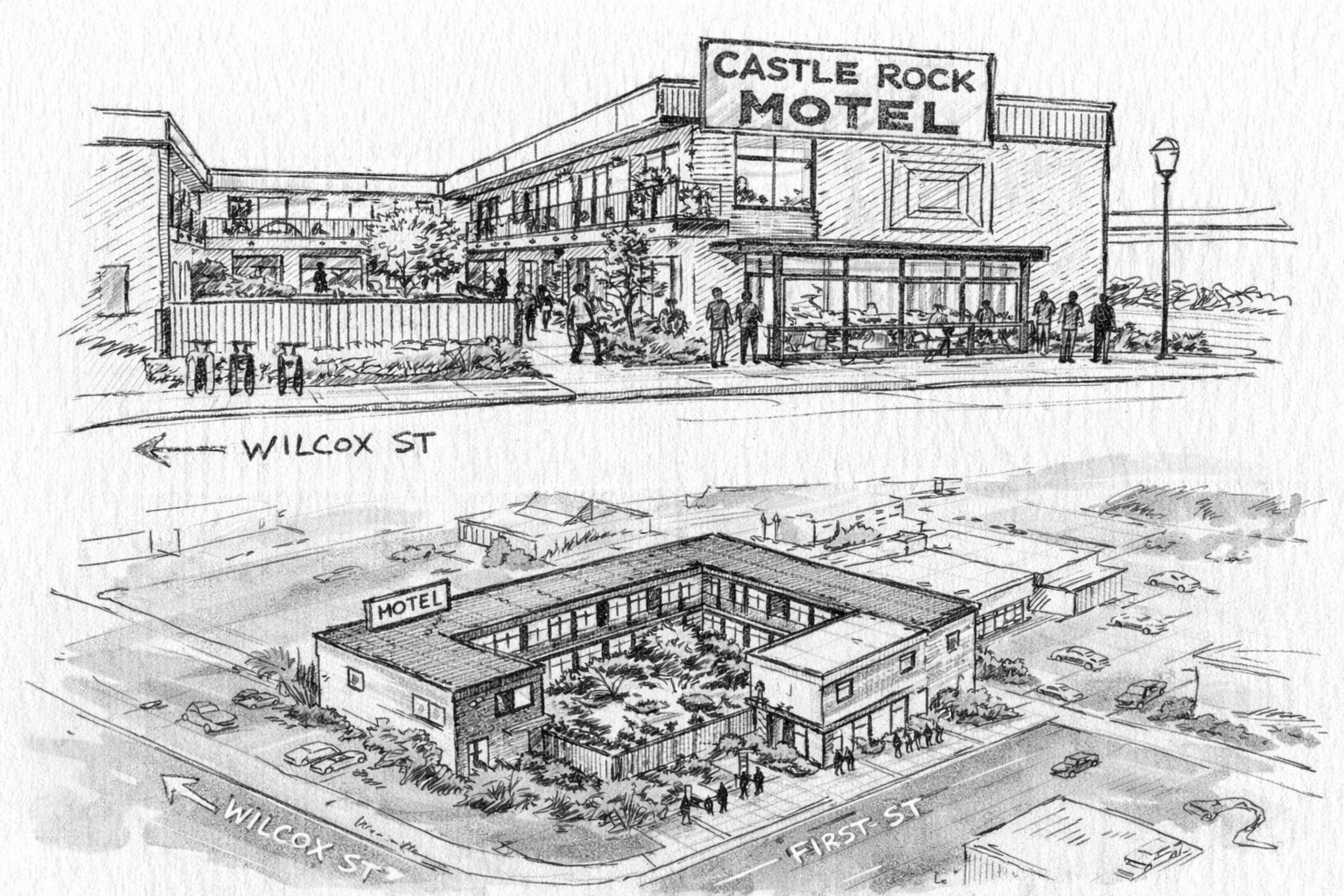 Hand-drawn architectural sketch — street elevation and aerial of the redeveloped Castle Rock Motel
